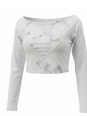Buffbunny Collection White Marble Long Sleeve Cropped Top, Size Small
